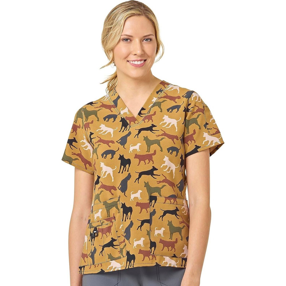 Carhartt Liberty Scrub Top Womens Large Brown Dog Print V-Neck Micro Ripstop L